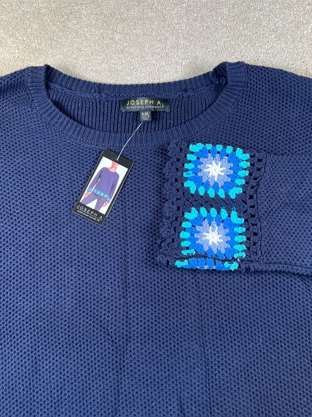 Joseph A Sweater Granny Square Knit Blue NWT Crew Neck 100% Casual Women's XXL